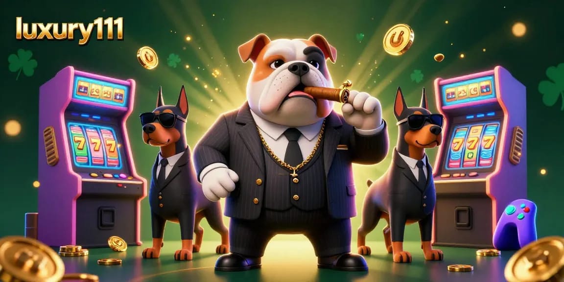 Experience the excitement of luxury111 with a mafia-themed casino illustration featuring game elements and characters.