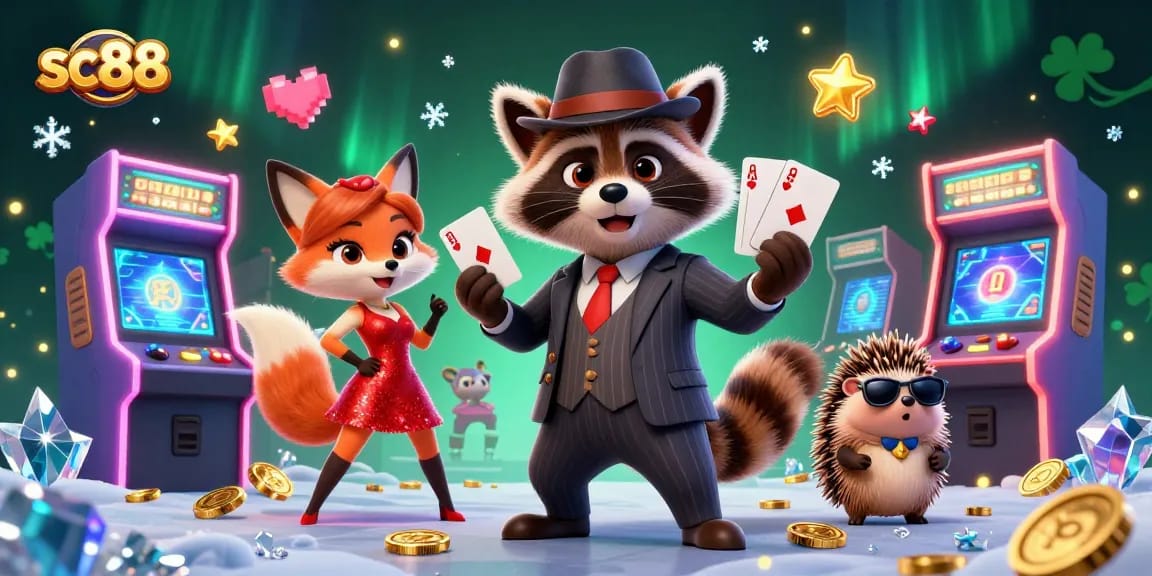Experience thrilling gameplay at sc88 with a charismatic raccoon, stylish fox, and hedgehog bouncer in a vibrant casino setting.