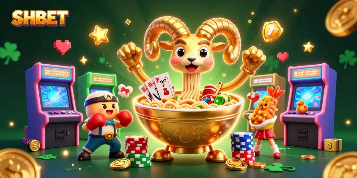 Engage in thrilling gameplay at SHBET with a vibrant illustration featuring a golden ramen bowl and quirky characters.