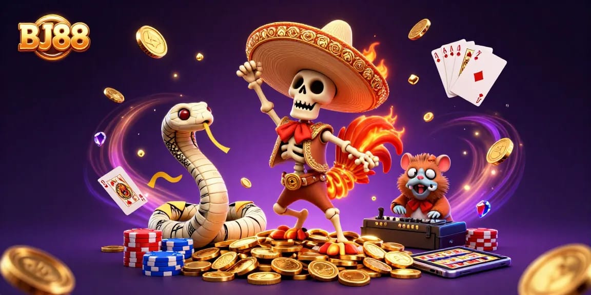 Experience the thrill of BJ88 with a lively casino scene featuring vibrant characters and exciting game elements.