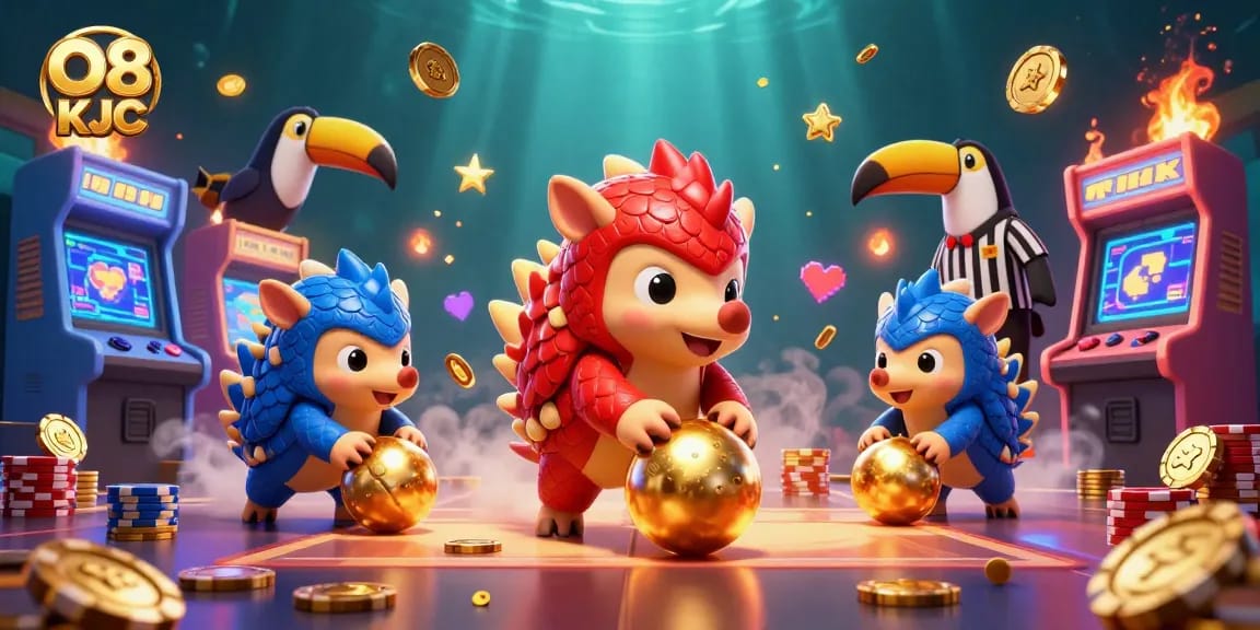 Engage in thrilling gameplay with O8 KJC featuring pangolins competing in a vibrant casino atmosphere.