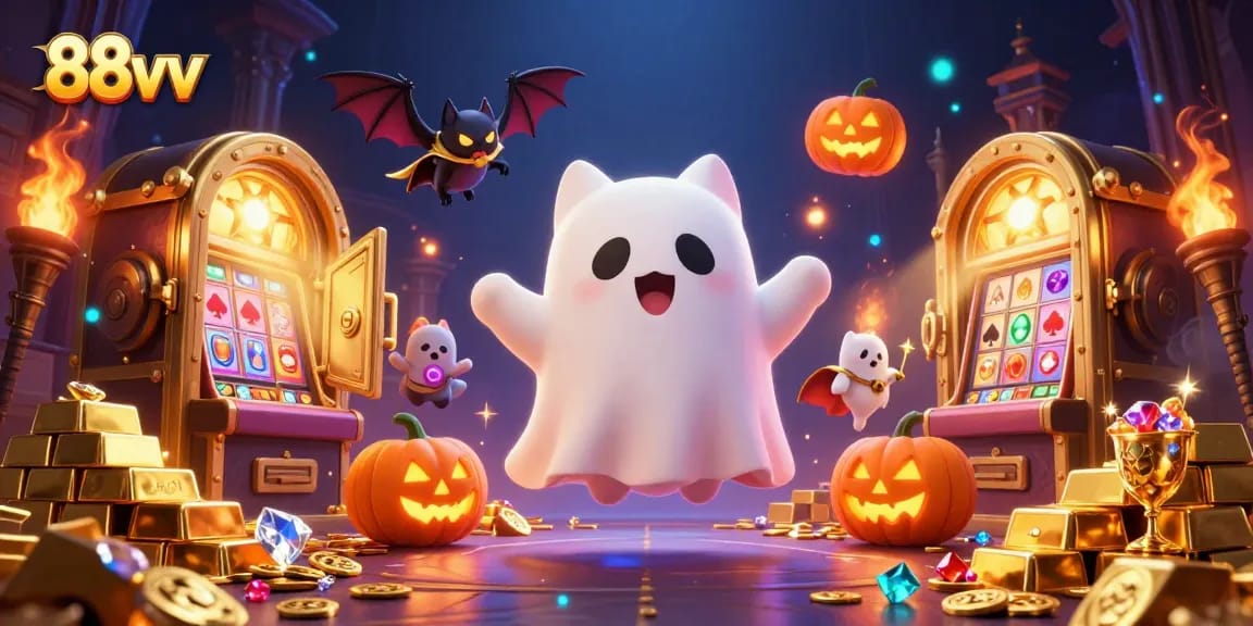 88vv captures a ghost cat and bat in a magical casino setting, illuminating the thrill of online gambling.