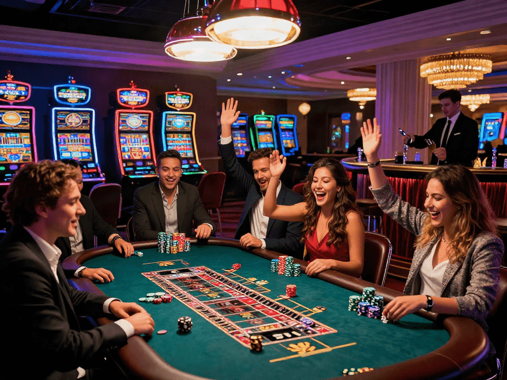 Exciting kebuntoto gaming scene with friends celebrating at a casino table under neon lights.