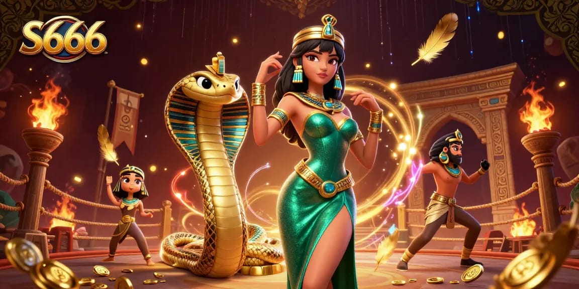Experience thrilling gaming with S666: a vibrant scene featuring a powerful woman and her golden cobra companion.