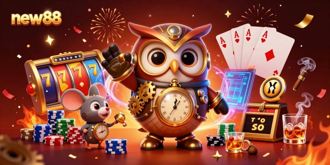 Play thrilling slot games with new88, featuring a vibrant time-traveling owl and steampunk elements in action.