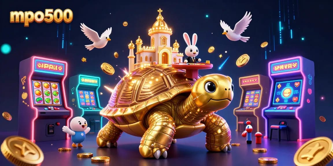 Embark on the mpo500 gaming adventure with vibrant gold tortoise and rabbit dealer at a lively casino.