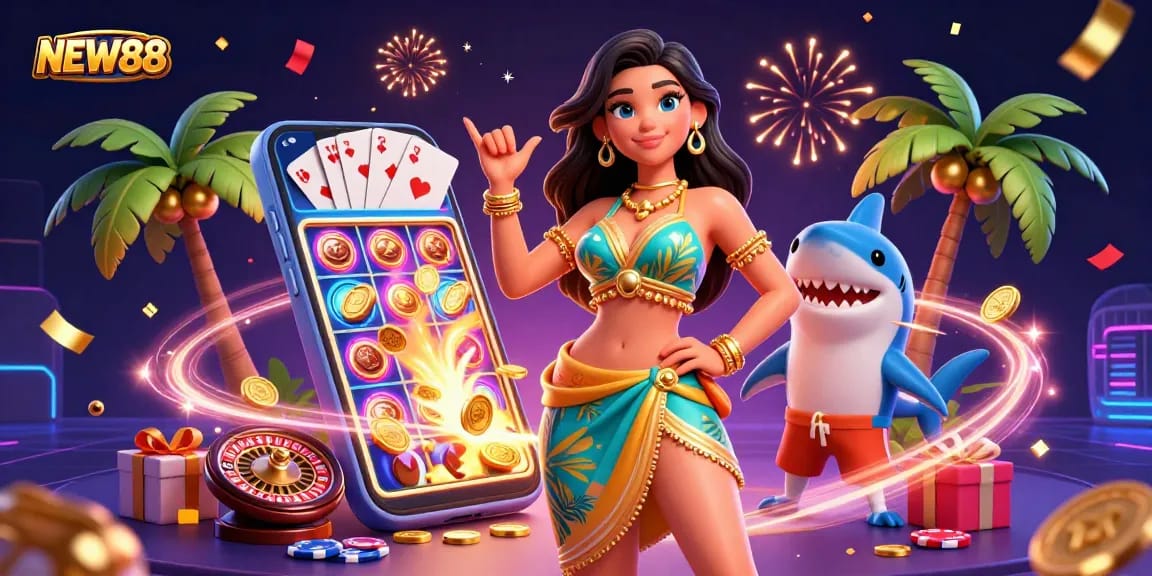 NEW88 offers a vibrant online gaming experience featuring a glamorous woman and a surfing shark amidst celebratory casino elements.