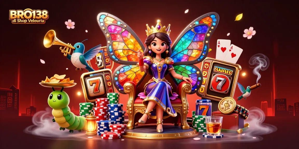 BRO138 di Shop Velouria invites players to immerse in a vibrant casino scene with slot reels and colorful characters.