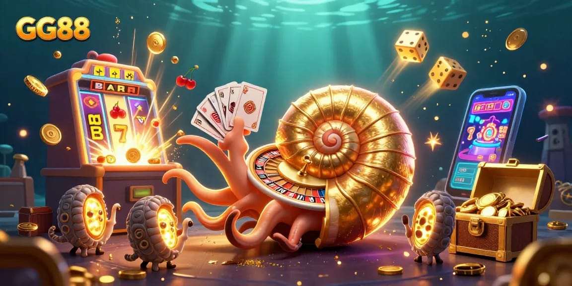 Engage with GG88's ultimate gaming experience through a vibrant underwater casino scene.