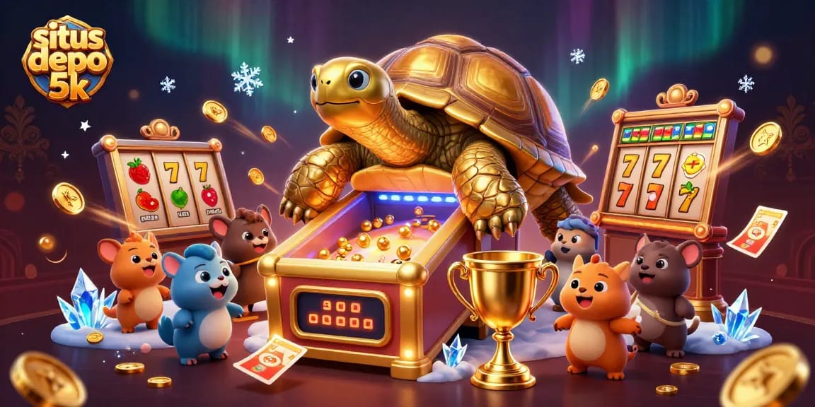 Situs depo 5k gaming scene with a golden tortoise pinball machine, exciting slot elements, and vibrant energy