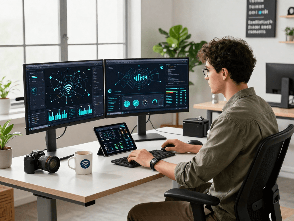 Teknisi menggunakan wifi4d di ruang kerja modern dengan perangkat canggih dan grafik analitik.