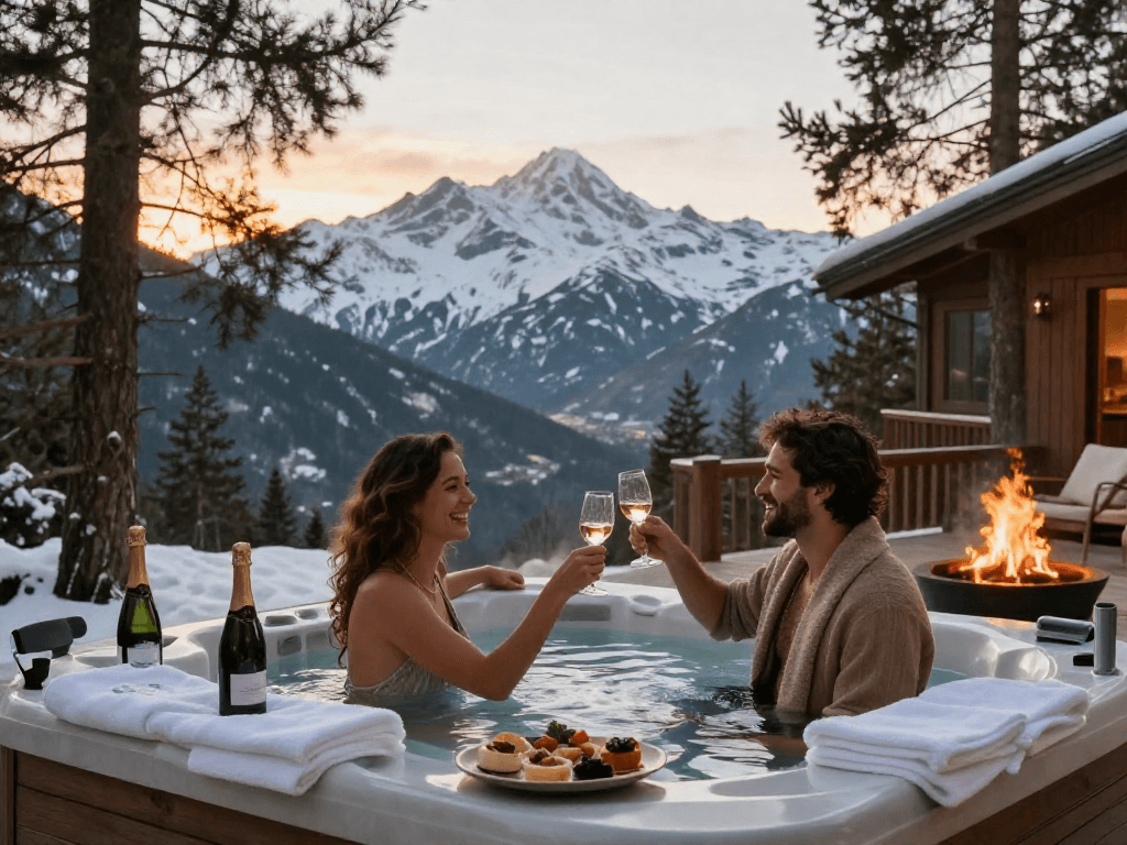 Pengalaman mewah LUXURY111 di resor pegunungan dengan pasangan menikmati hot tub pribadi.