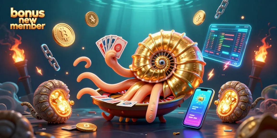 Engage with bonus new member on a vibrant 3D casino illustration featuring a nautilus roulette wheel and glowing crypto coins.