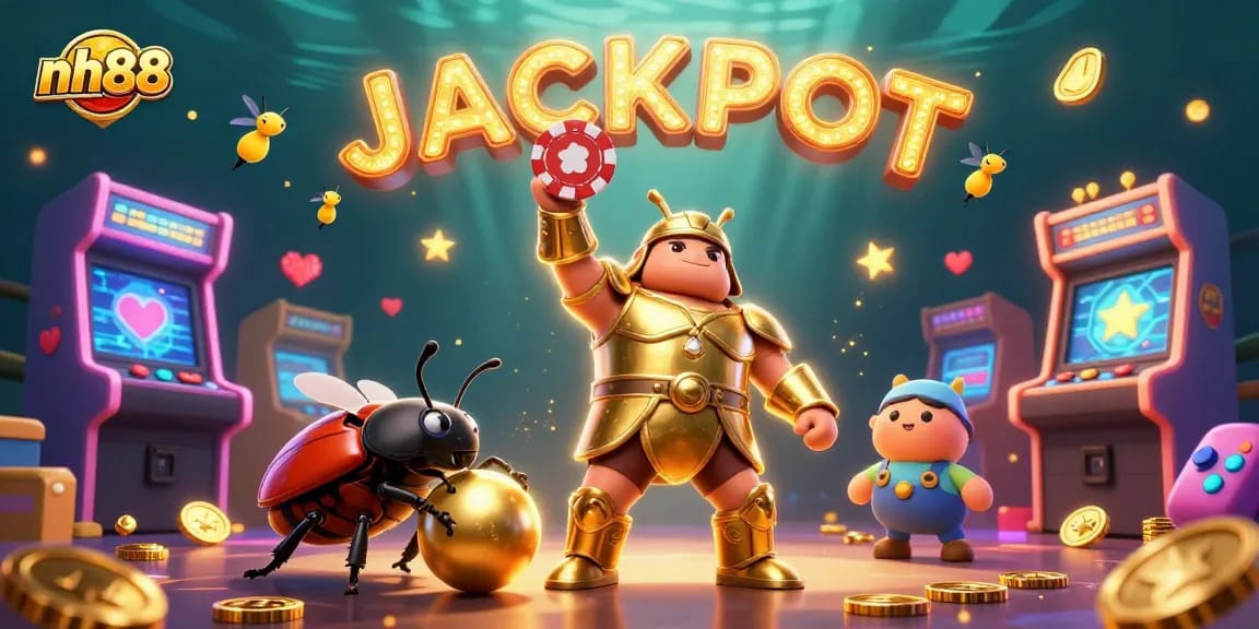Join the excitement at nh88 with 3D characters celebrating a jackpot in a vibrant casino scene.