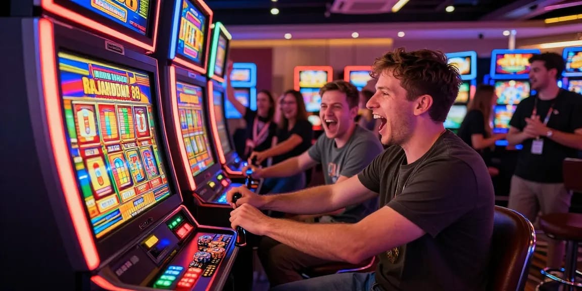 Player celebrating a win at the rajakhodam89 slot machine in a lively casino