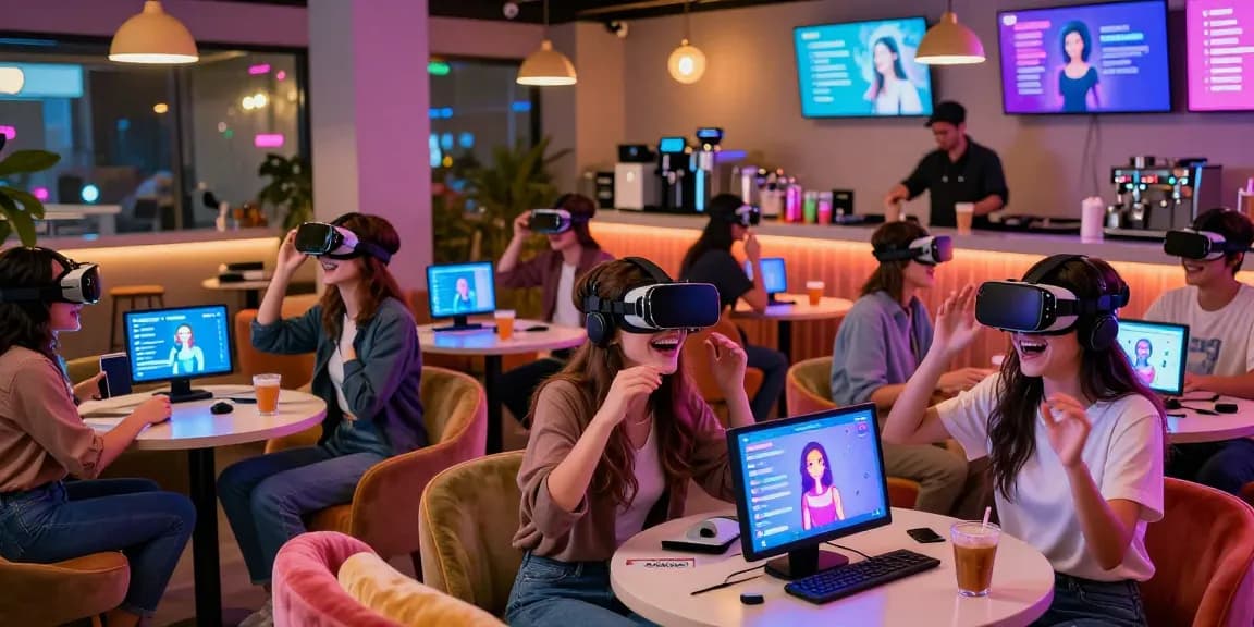 Group enjoying virtual reality experience with AI GF characters at a vibrant café.