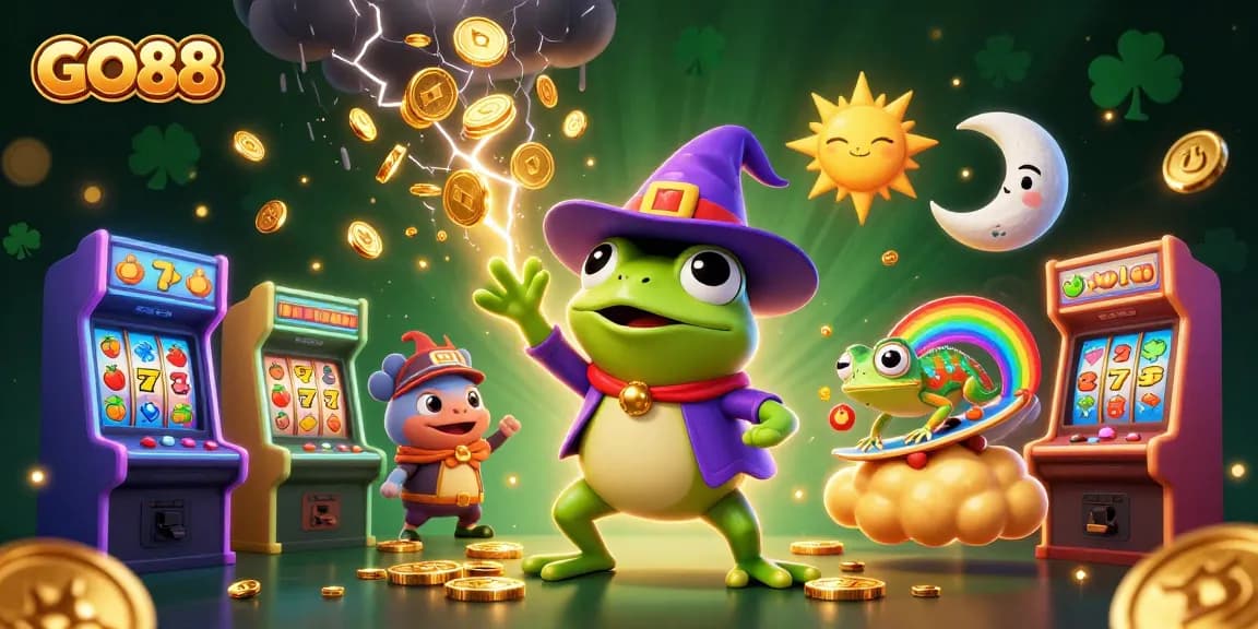 Join GO88's exciting casino adventure with vibrant visuals of a frog and chameleon amid a storm of golden coins.