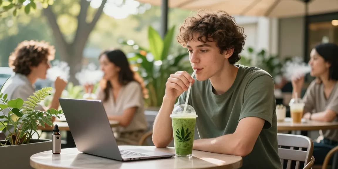 What is the legal vaping age in Cyprus? Enjoying CBD smoothie and vape device in a vibrant outdoor cafe setting, emphasizing quality wellness.