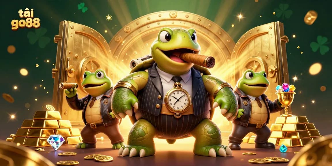 Experience tải go88 with a vibrant casino scene featuring a snapping turtle mobster and bullfrog enforcers.