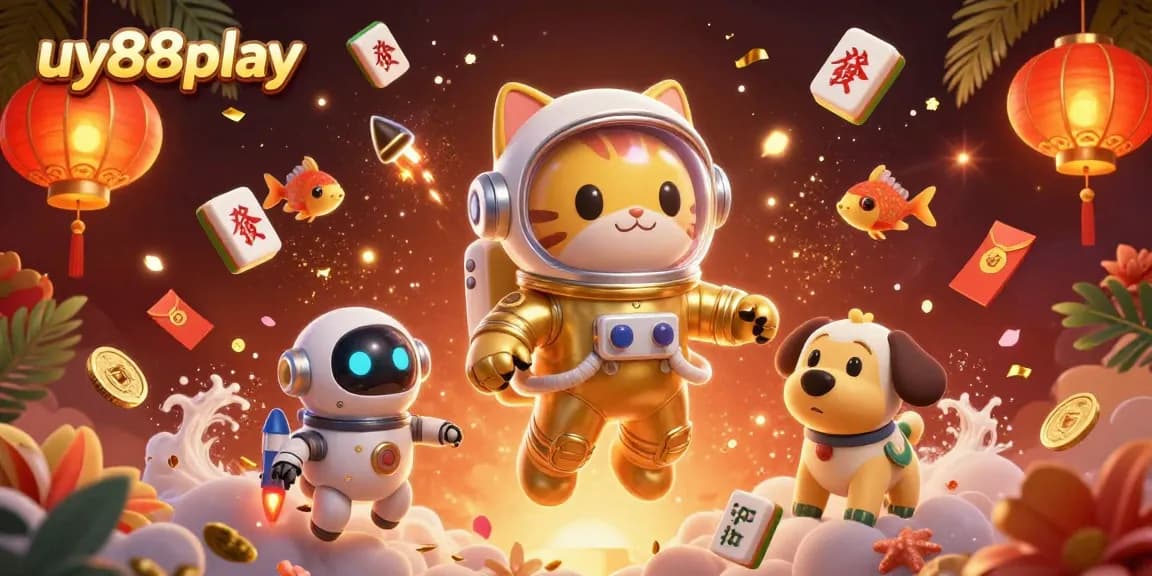 Join the fun at uy88play with a vibrant casino scene featuring an astronaut cat, robot dog, and delightful game elements.