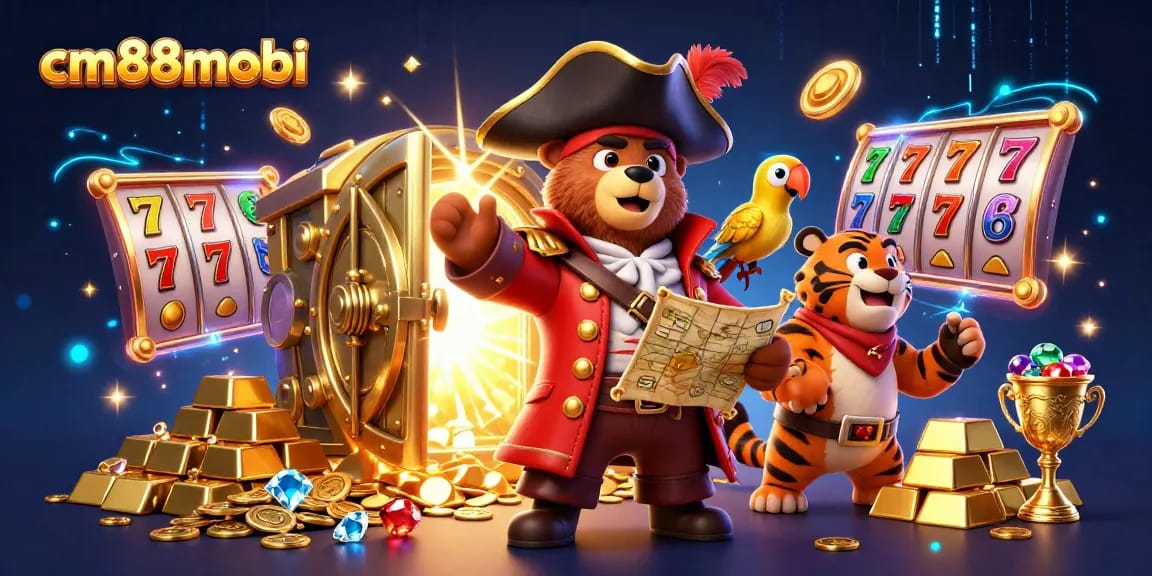 Engage in exciting gameplay at cm88mobi with vibrant 3D illustrations showcasing treasures and casino games.