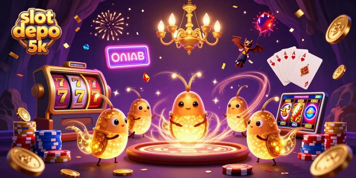 Experience the thrill of slot depo 5k with a vibrant 3D casino scene filled with glowing characters and dynamic gaming elements.