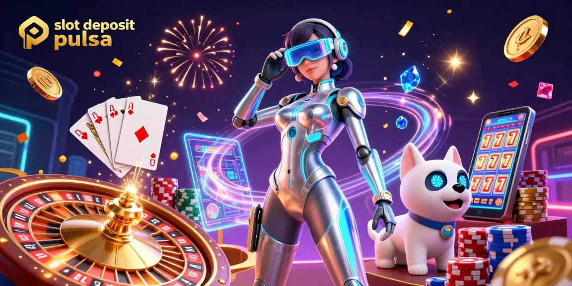 Experience the excitement of slot deposit pulsa gaming with a vibrant 3D scene featuring futuristic characters and casino elements.