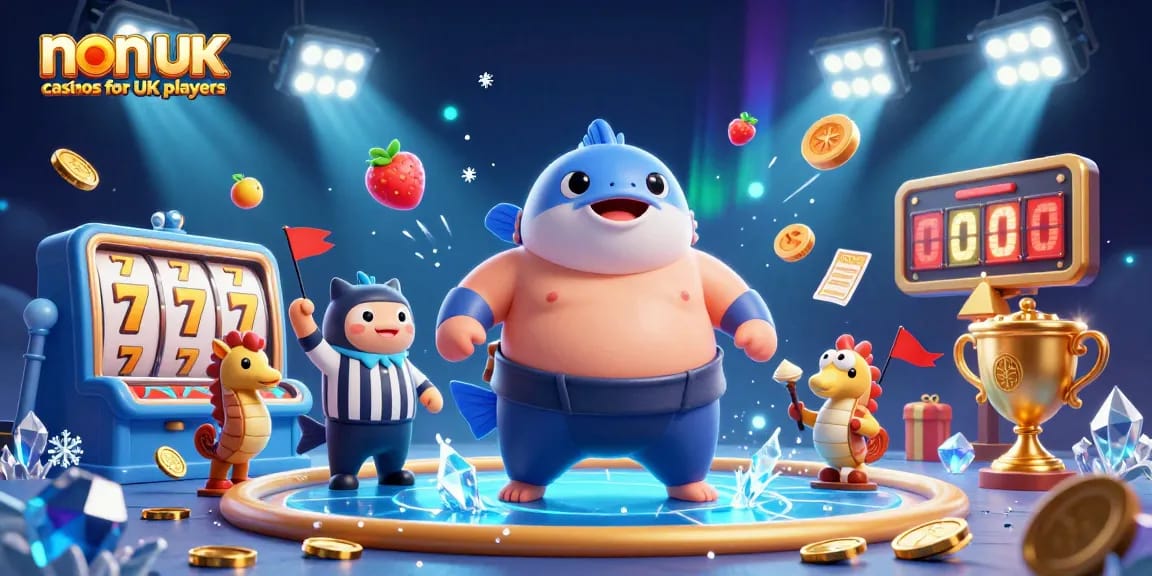 Experience thrilling gameplay with non UK casinos for UK players featuring a vibrant underwater scene of a sumo fugu and wise catfish referee.