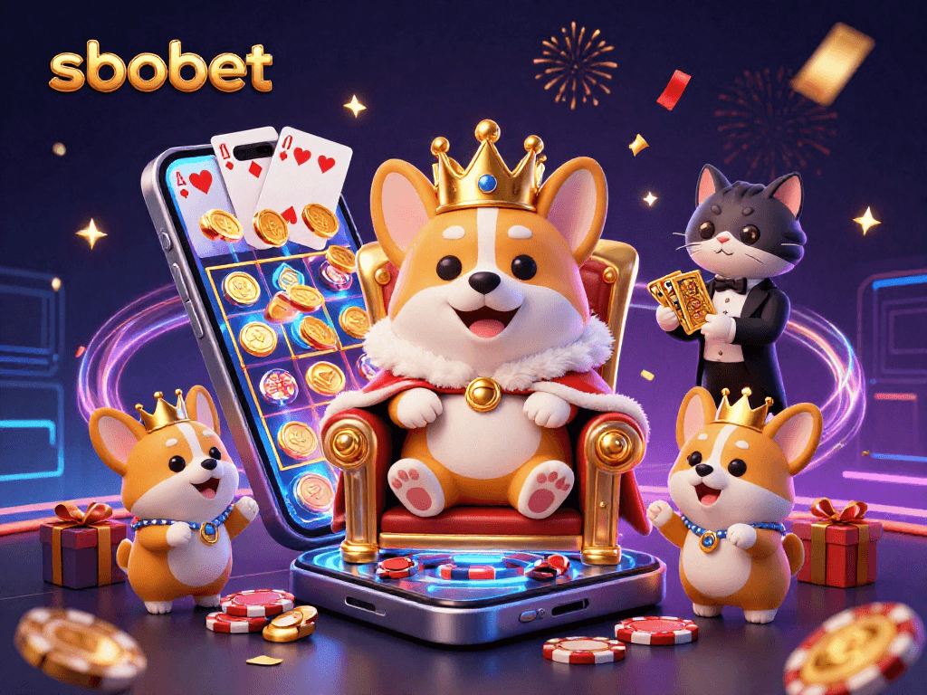 Experience thrilling sbobet action with a royal corgi and vibrant casino elements in this festive illustration.