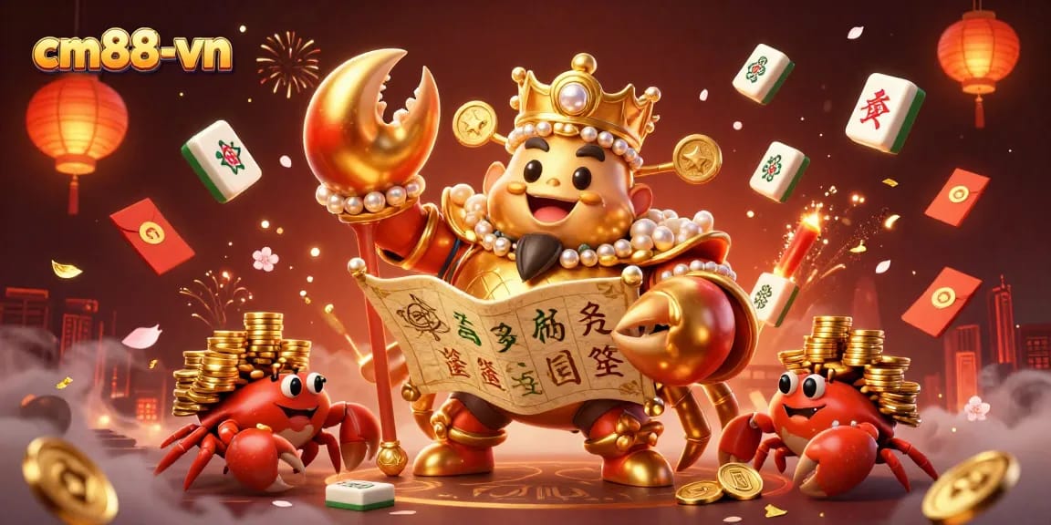 Capture big wins at cm88-vn with a vibrant scene of a golden crab emperor and glowing casino elements.