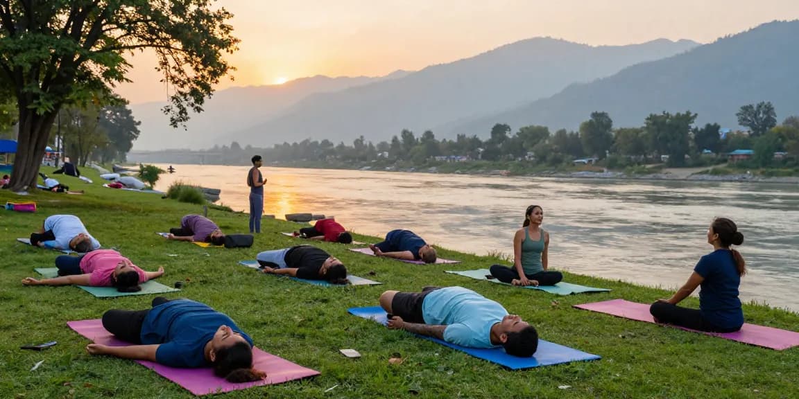 yoga instructor certification india group practicing yoga amidst the serene beauty of Rishikesh by the Ganges