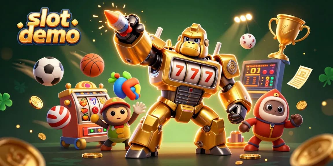 Experience thrilling slot demo action with a transformer gorilla mech amidst vibrant casino elements and sports balls.