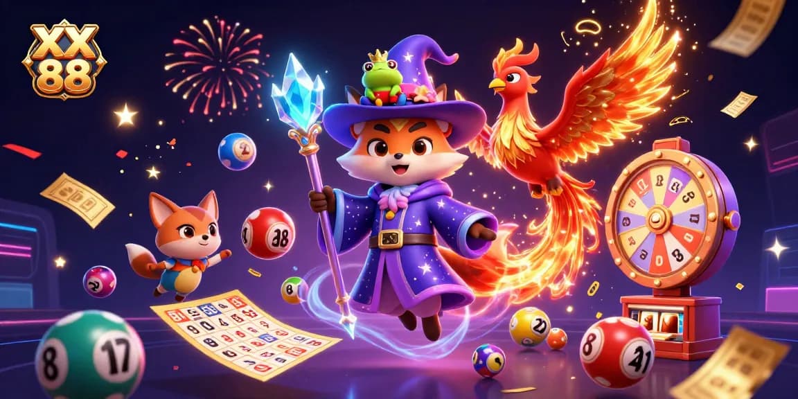 Play thrilling games at XX 88, featuring a wizard fox and phoenix in a vibrant casino setting.