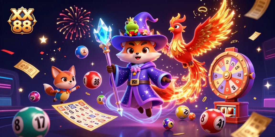 Play thrilling games at XX 88, featuring a wizard fox and phoenix in a vibrant casino setting.