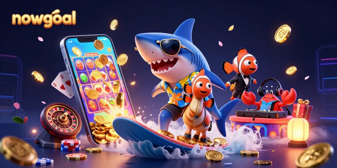 Surf with nowgoal’s live scores in a vibrant, action-packed 3D casino illustration featuring a shark and friends.