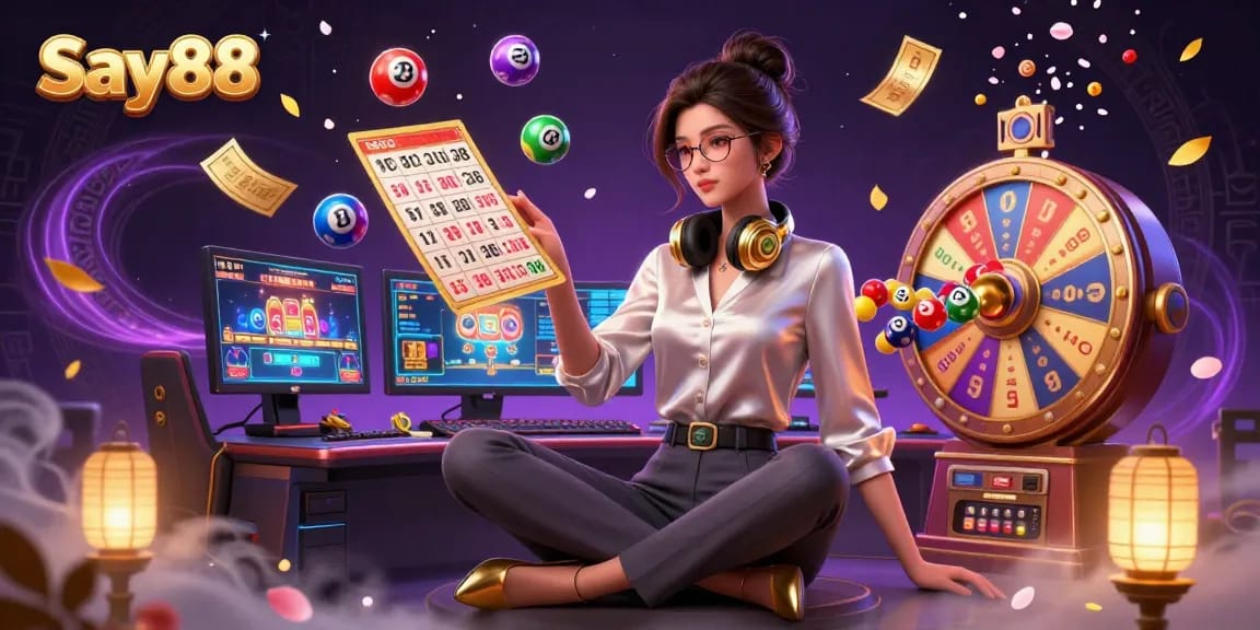 Experience thrilling gaming at Say88 with a dynamic 3D illustration of casino excitement.