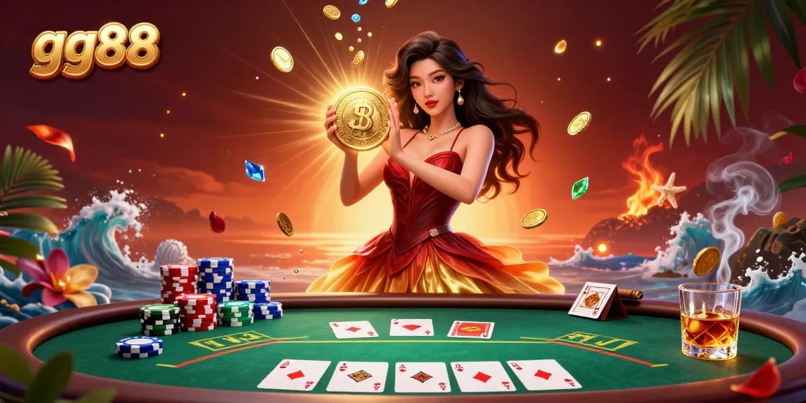 Experience thrilling moments with gg88 as a gorgeous Asian woman holds a golden coin amid dynamic poker elements.