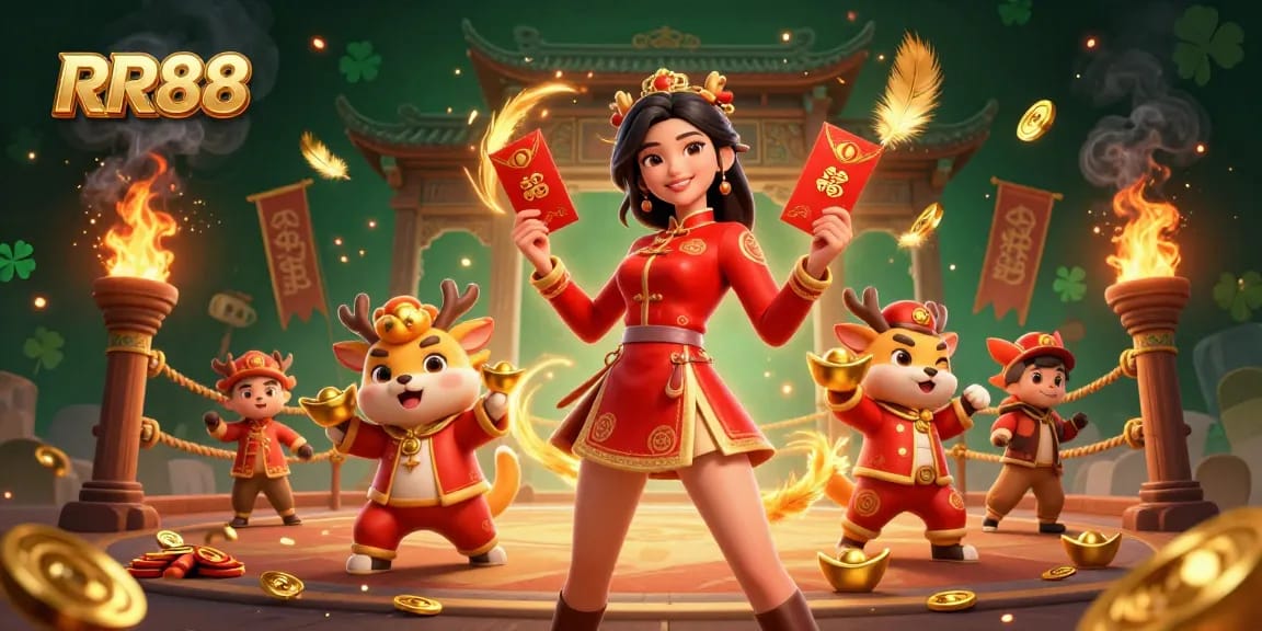 Engage in thrilling gameplay at RR88, featuring a vibrant illustration of Asian festivities with tokens and characters.