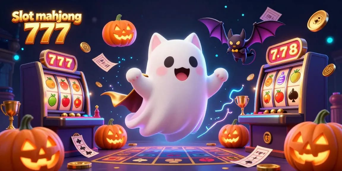 Engage with slot mahjong 777, a lively ghost cat and bat in a casino, amidst dynamic slot elements.