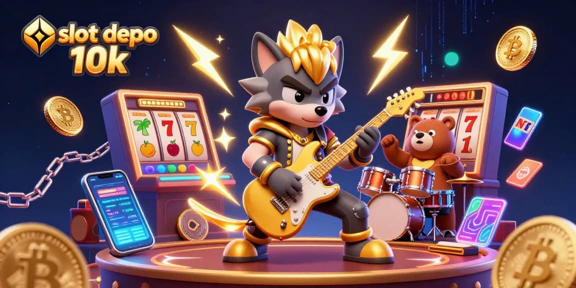 Experience exciting gameplay with slot depo 10k as a rock star wolf shreds on stage amidst dynamic gaming elements.