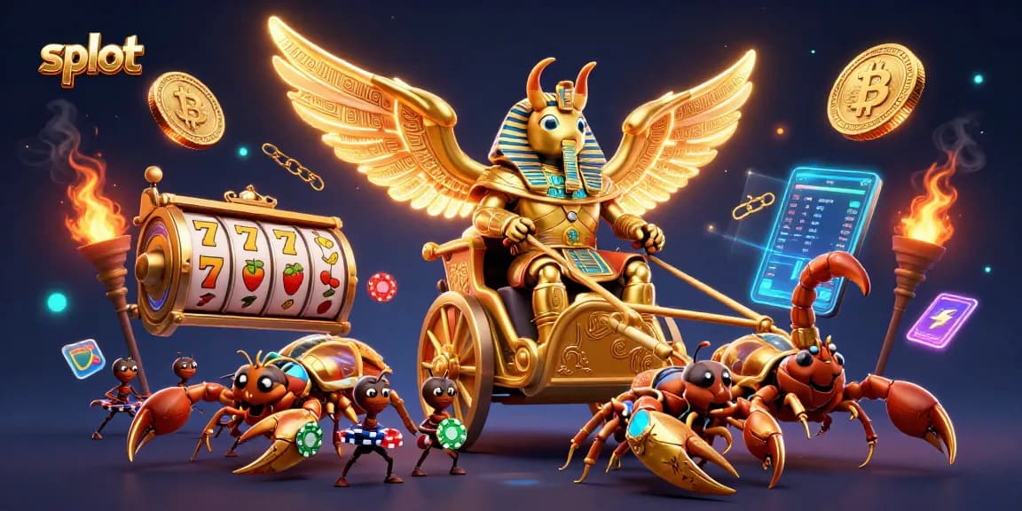 Slot mesin berputar dan simbol keberuntungan dalam ilustrasi 3D yang memukau.
