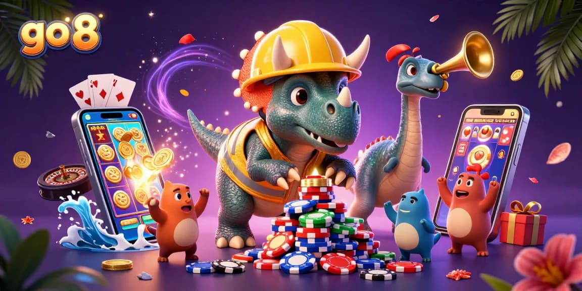 Join the thrilling game action with go 8 as a triceratops builds a poker chip pyramid, celebrating with fun casino elements.