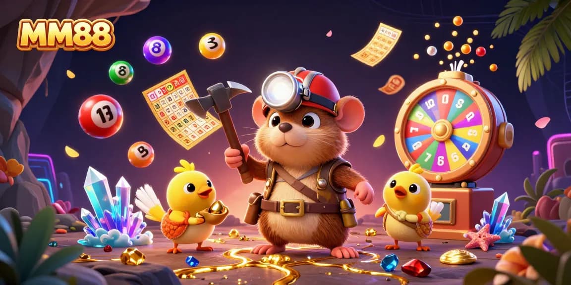 Engage with MM88's lively treasure hunting scene featuring vibrant lottery and bingo elements.