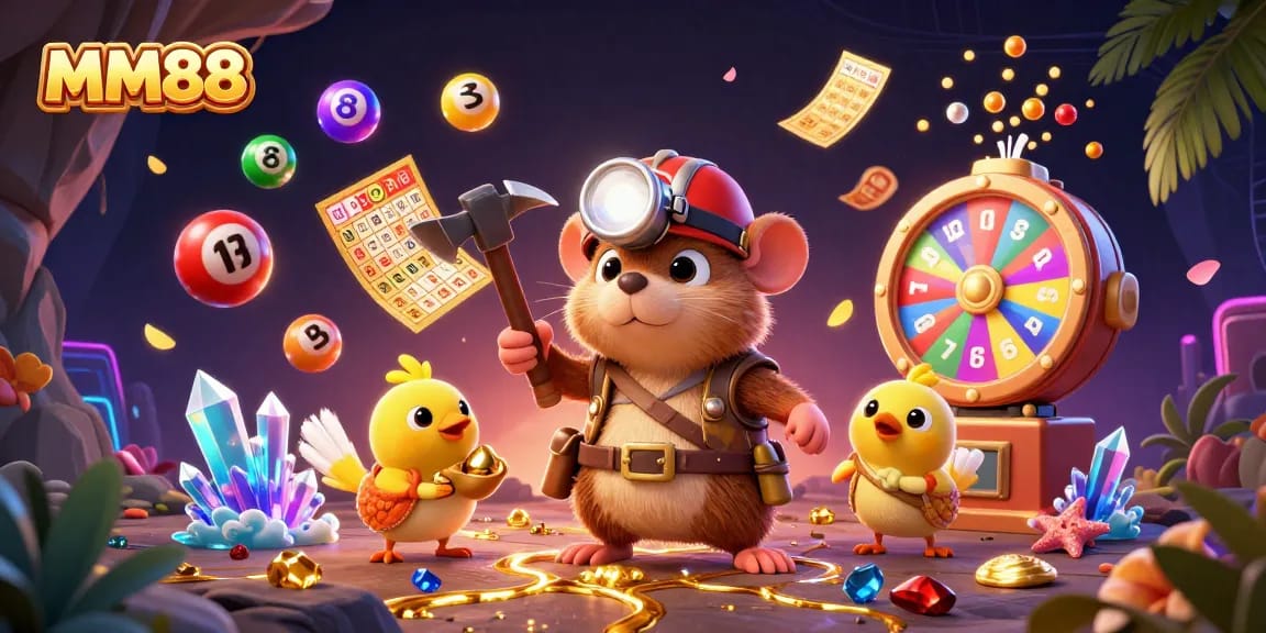 Engage with MM88's lively treasure hunting scene featuring vibrant lottery and bingo elements.