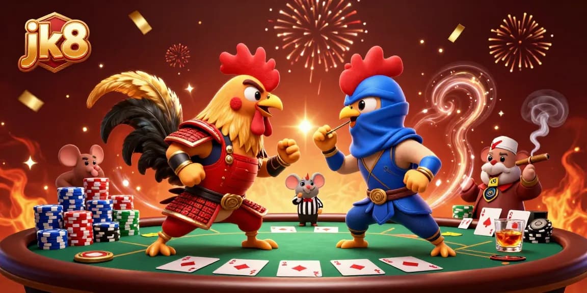 Experience the excitement of jk8 with battling roosters in a high-stakes poker environment surrounded by chips and confetti.