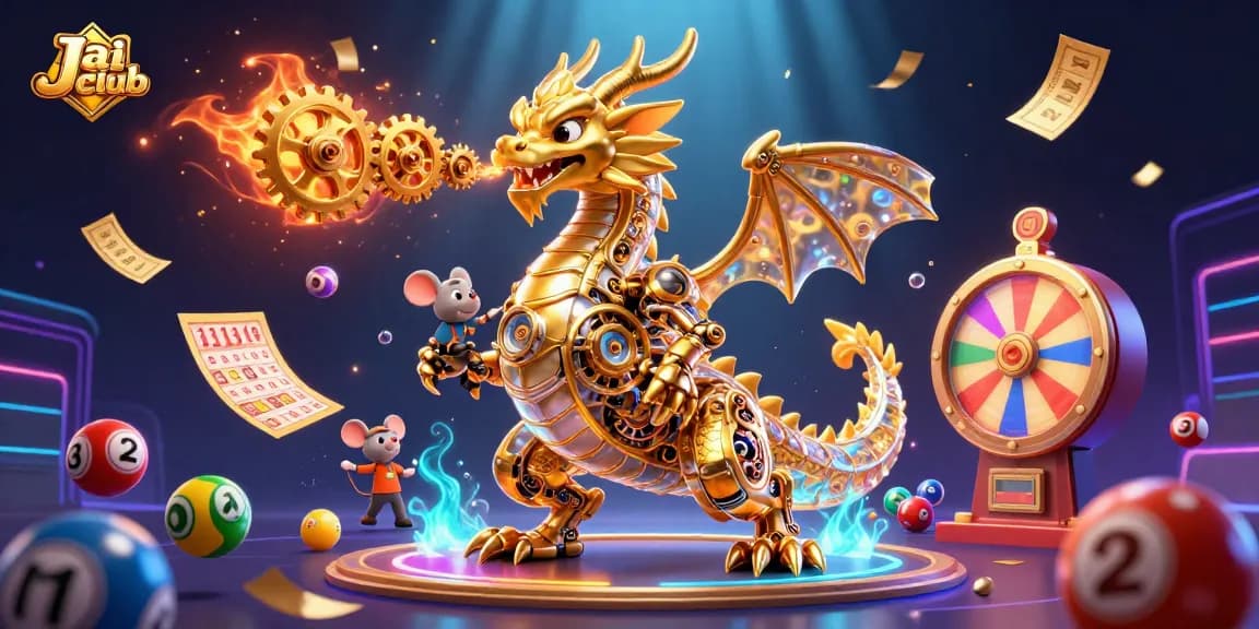 Experience the excitement of Jai club with a dynamic scene featuring a golden dragon and lottery elements showcasing thrilling gaming.