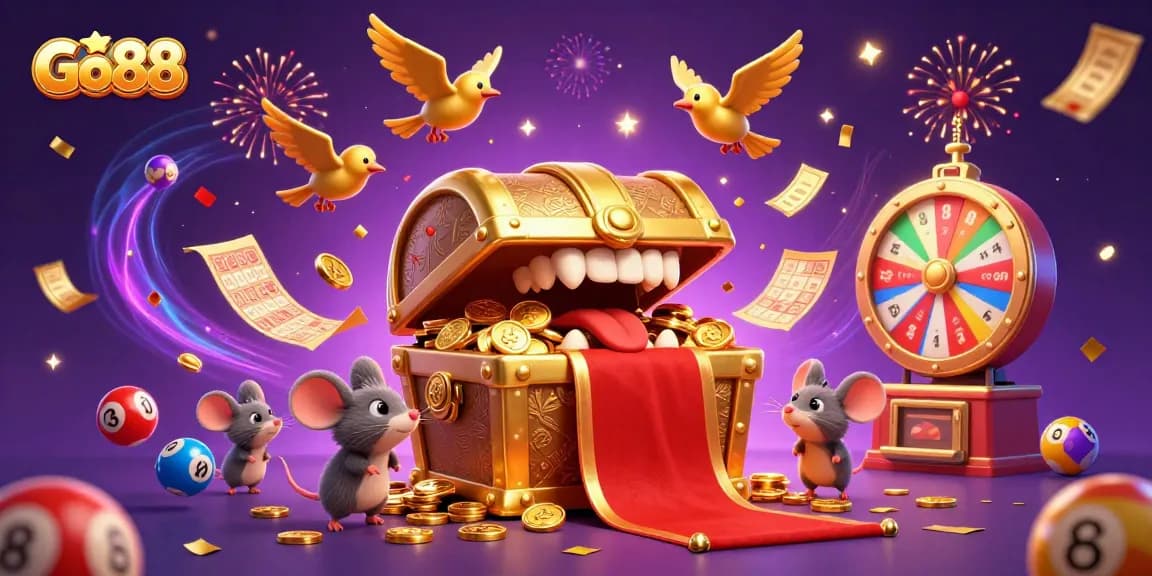Go88 offers an exciting gambling experience with vibrant game elements and a treasure chest theme.