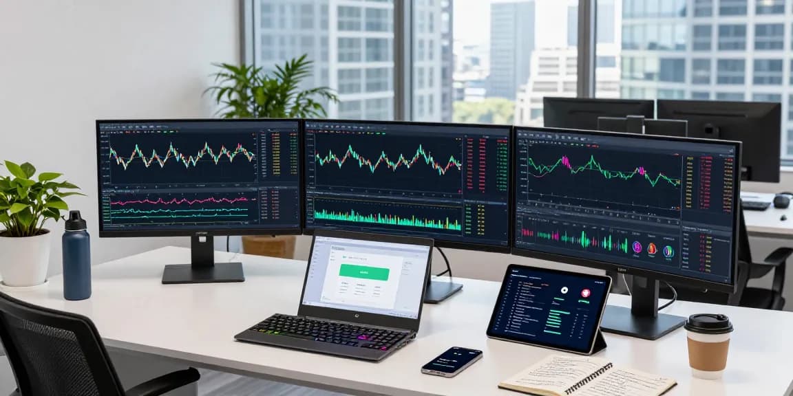 Playexch247 trading setup with multiple screens showing cryptocurrency exchanges, technical charts, and digital wallets in a modern workspace