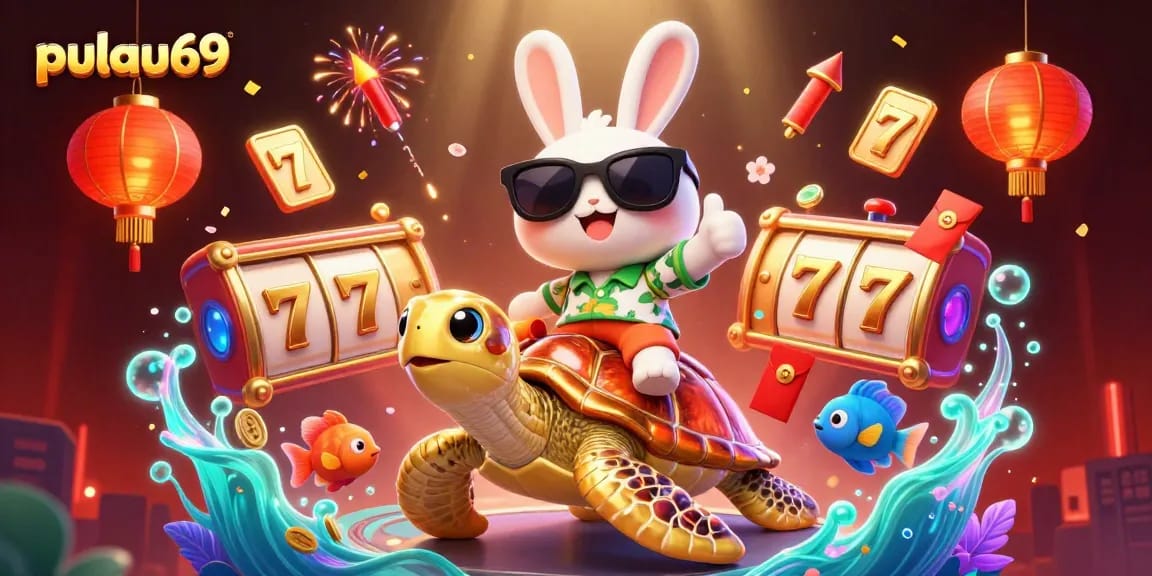 Experience winning at pulau69 with a vibrant 3D casino scene featuring animated characters.