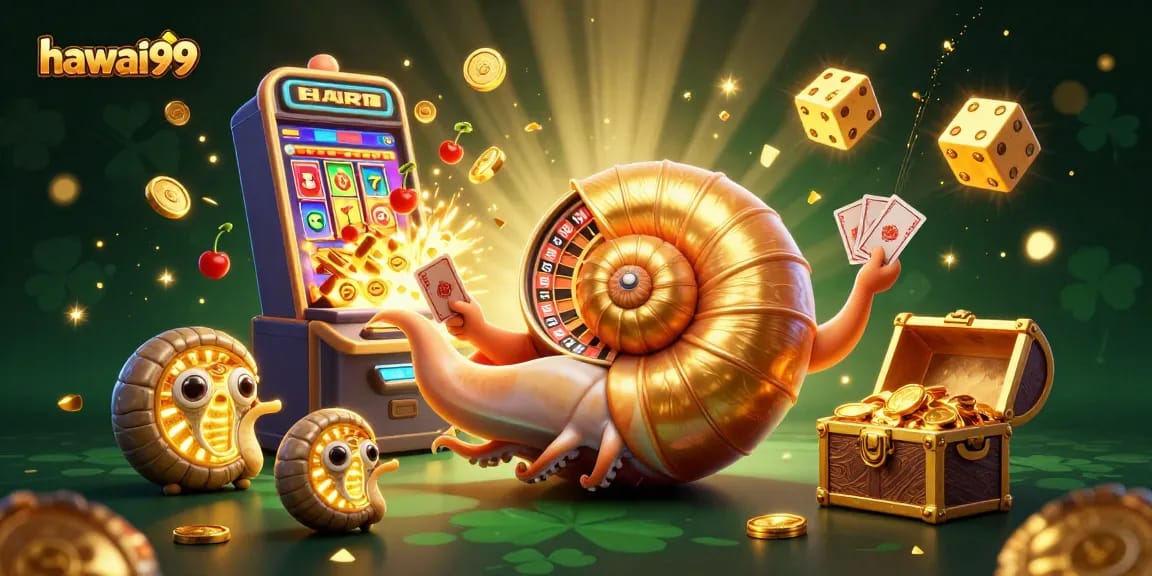 Experience thrilling wins at hawai99 with a vibrant 3D casino scene featuring slot machines and glowing elements.